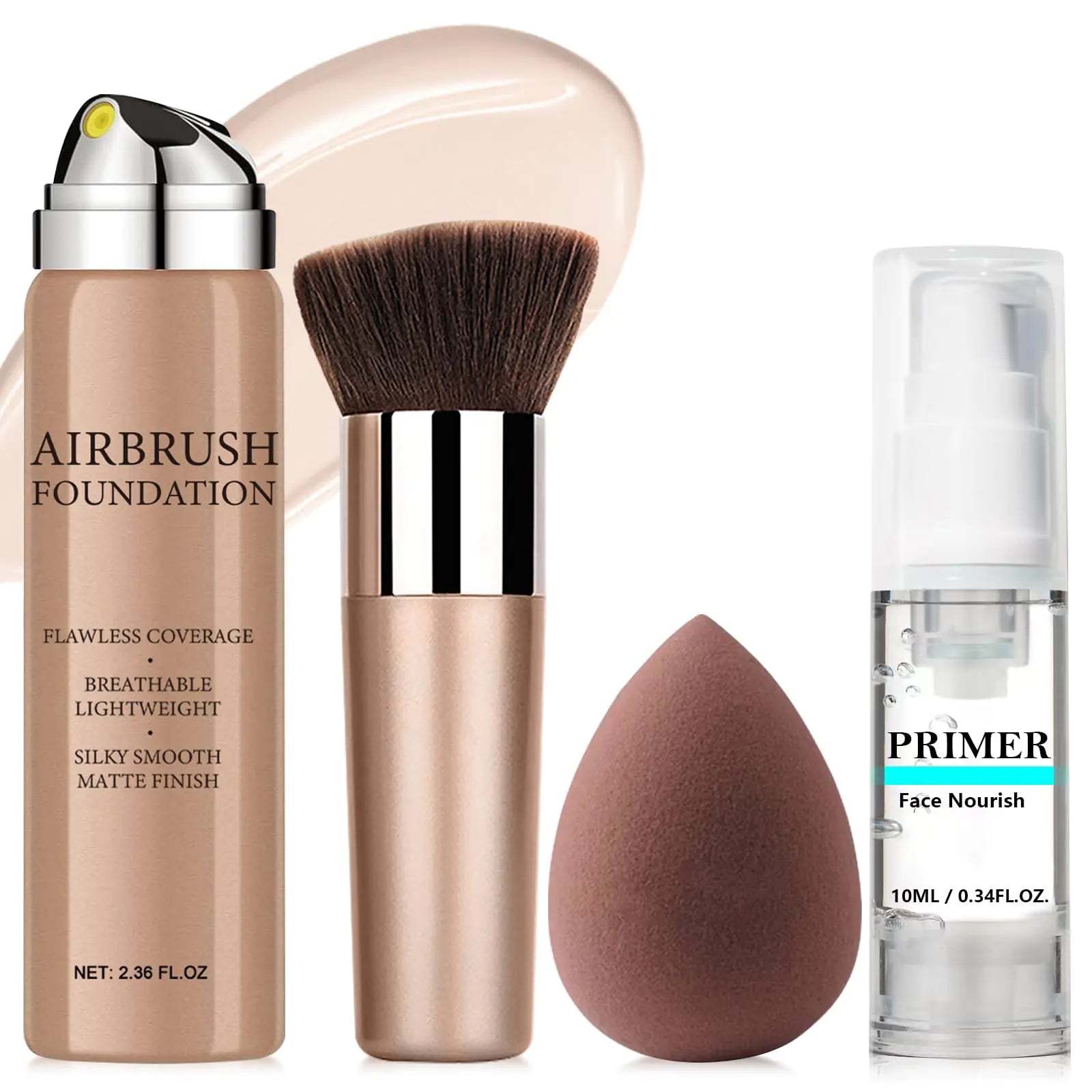 AirBrush Foundation Spray With Primer and Brush Silky Mist Foundation Spray Makeup Full Coverage Foundation for Smooth Radiant Finish Formula Breathable Lightweight Hydrating (#4 Porcelain)