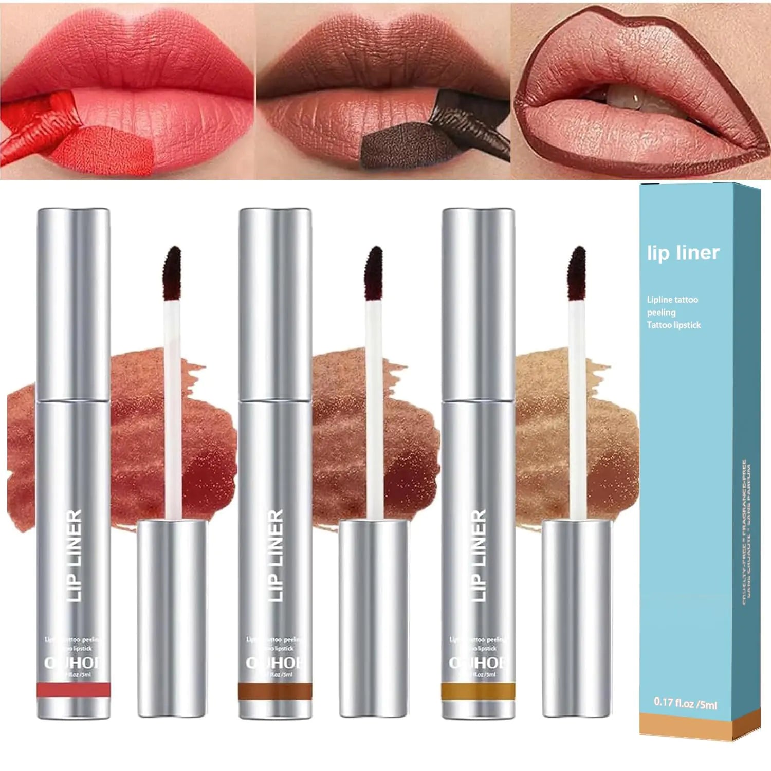 Aderier Lip Liner Peel Off Lip Liner Tattoo 3Pcs Peel Off Lip Stain Burgundy Red & Dark Brown & Light Brown Long Lasting Lip Stain Peel Off Infused with Hyaluronic Acid & Vitamin E