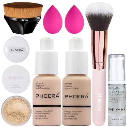 PHOERA Foundation Full Coverage Foundation PHOERA Primer PHOERA Powder PHOERA Makeup Set Kabuki Makeup Brushes Foundation Brush Powder Brush2 Pcs Makeup Sponge (101 Porcelain+102 Nude)