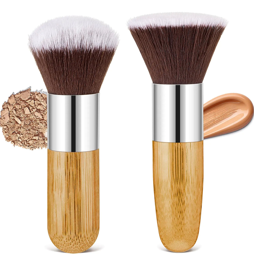 Tessco 2 Pcs Retractable/Nonretractile Kabuki Brush Angled Foundation Makeup Brushes Portable Travel Bronzer Blush Brush with Cover for Blush Bronzer Buffing Loose Powder Cream(Round and Flat Style)
