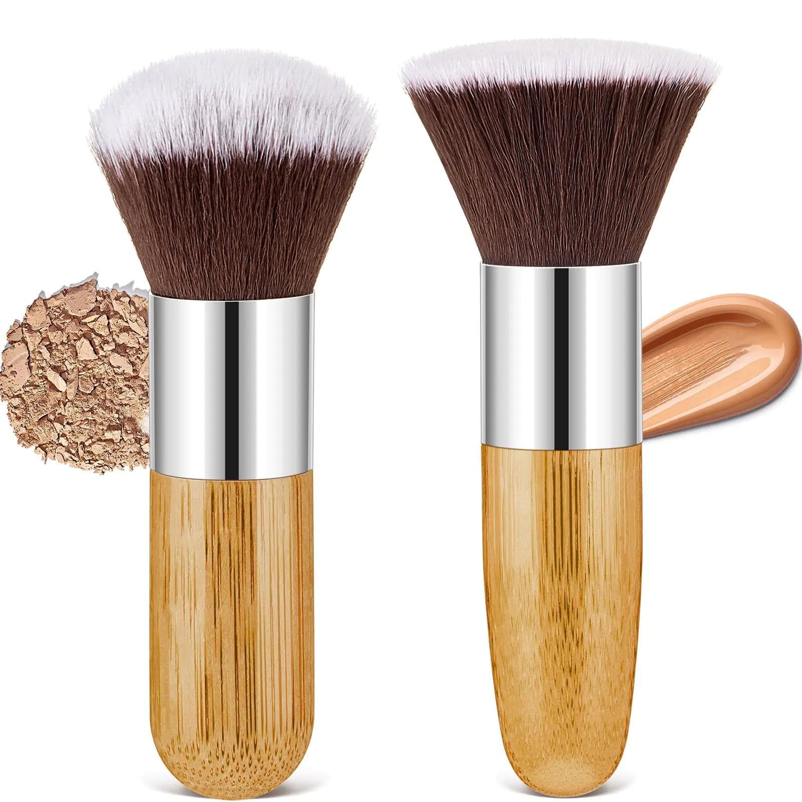 Tessco 2 Pcs Retractable/Nonretractile Kabuki Brush Angled Foundation Makeup Brushes Portable Travel Bronzer Blush Brush with Cover for Blush Bronzer Buffing Loose Powder Cream(Round and Flat Style)