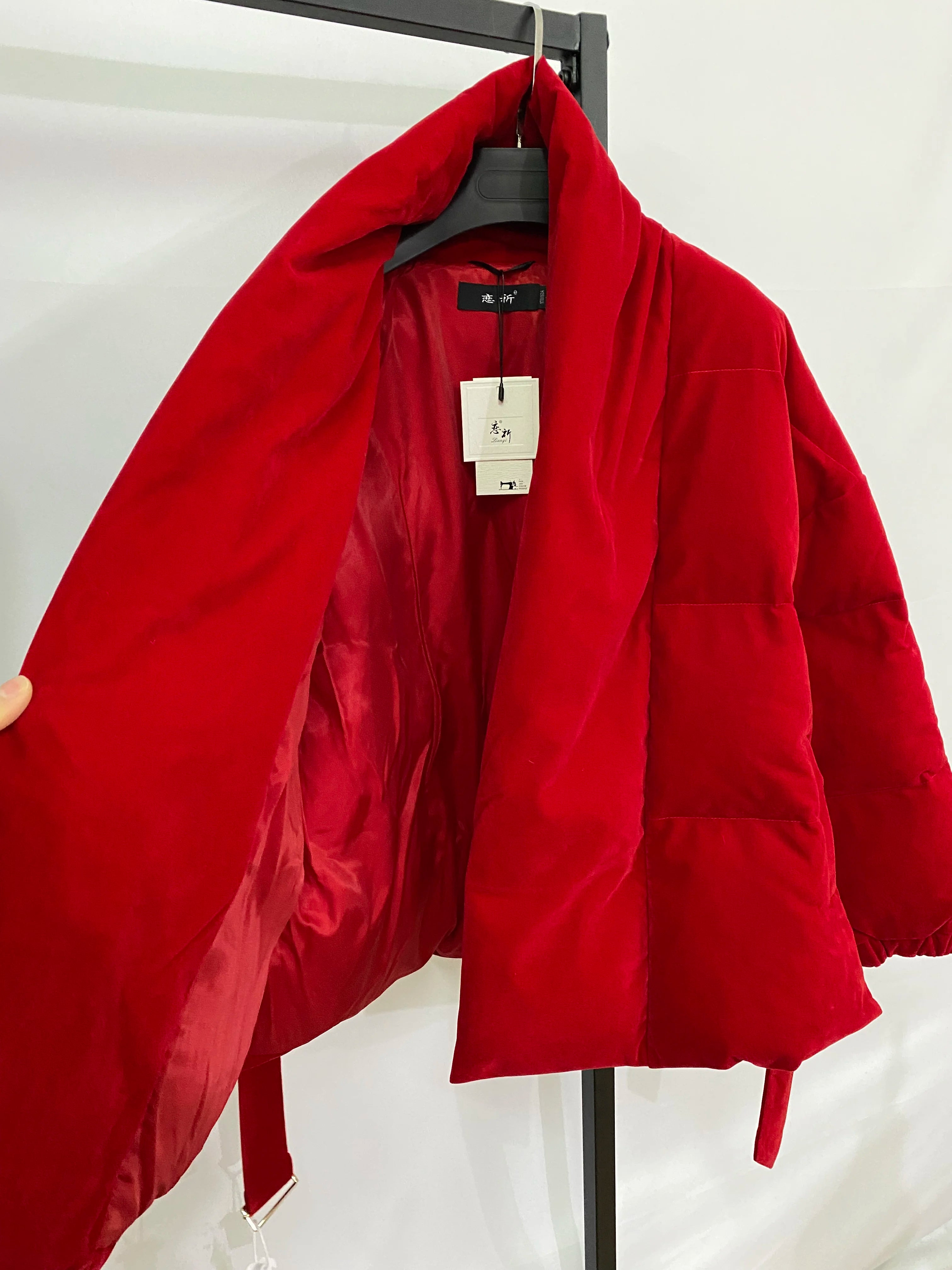 Women Winter Jacket V Neck Belted Warm Thick Cotton Padded Parkas Velvet Jacket Red Long Sleeve Short Casual Down Cotton Jacket