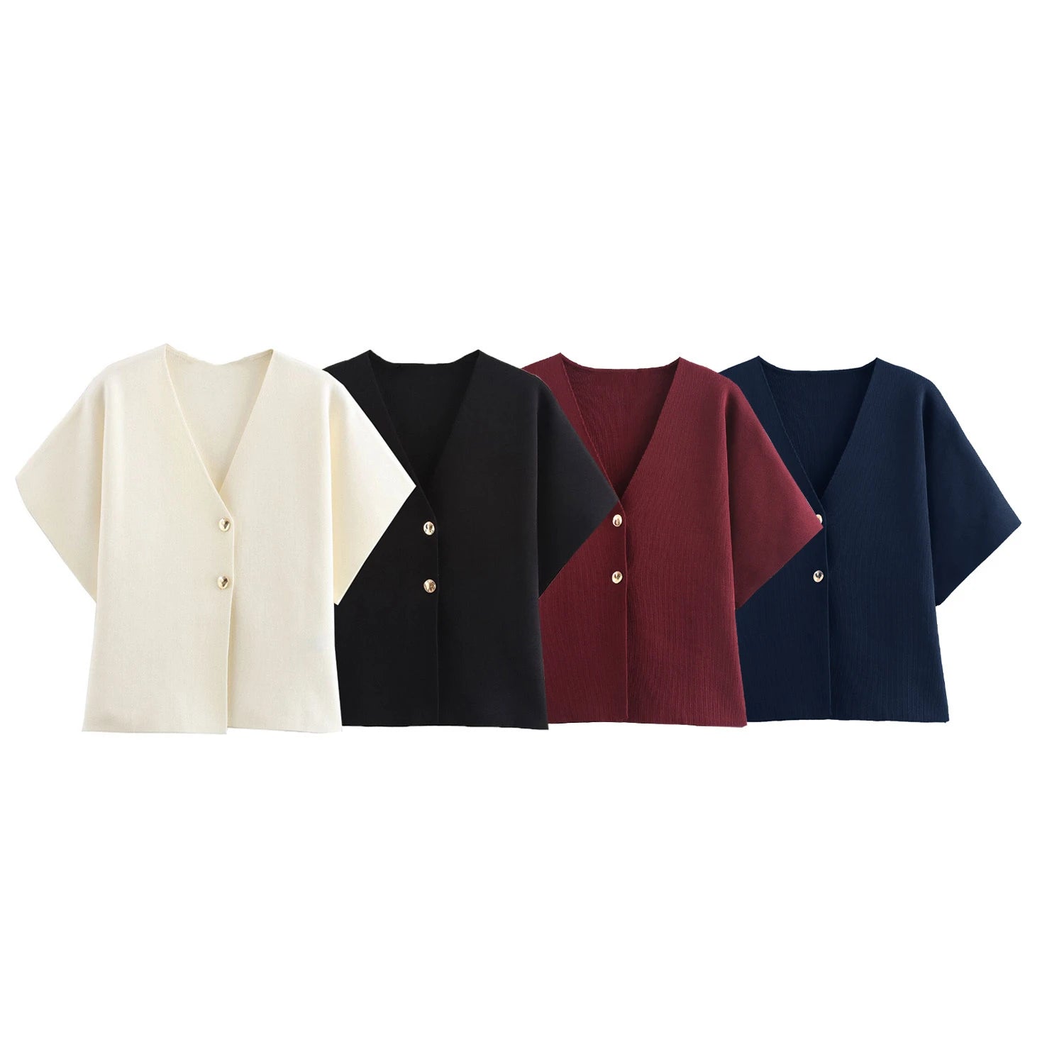 KAR&OT ZA 2024 Autumn New Arrivals Women's All-match Plain Short-sleeved V-neck Sports Knitted Cardigan Jacket 4192101