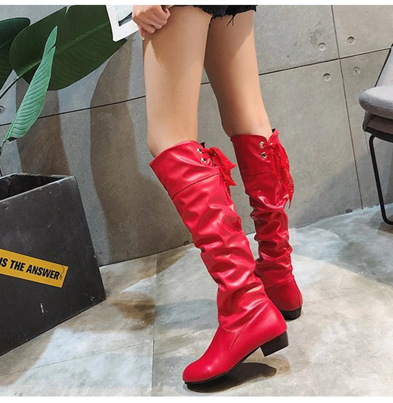 Shoes For Women 2022 Spring Knee High Boots Red Black White Tall Boots Woman Pleated Low Heel Casual Leather Female Long Shoes