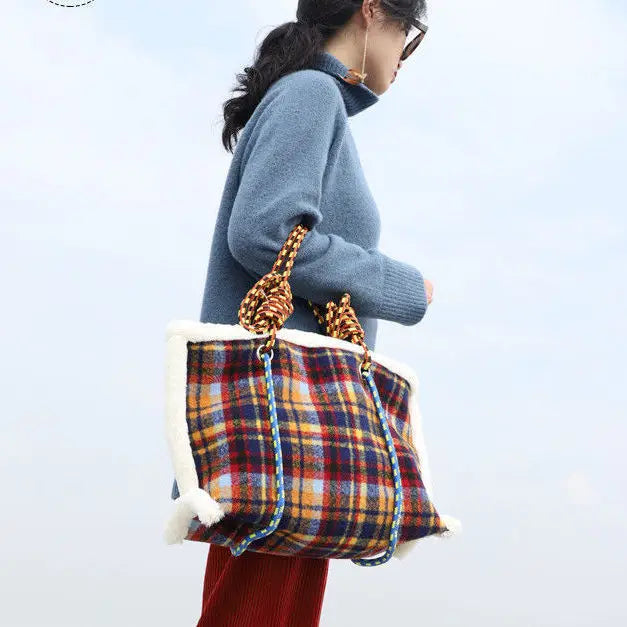 Women Bag Autumn Winter Designer Wool Vintage Plaid Casual Tote Bag Shoulder Bags Handbags Zipper SOFT High-Capacity Women Bag