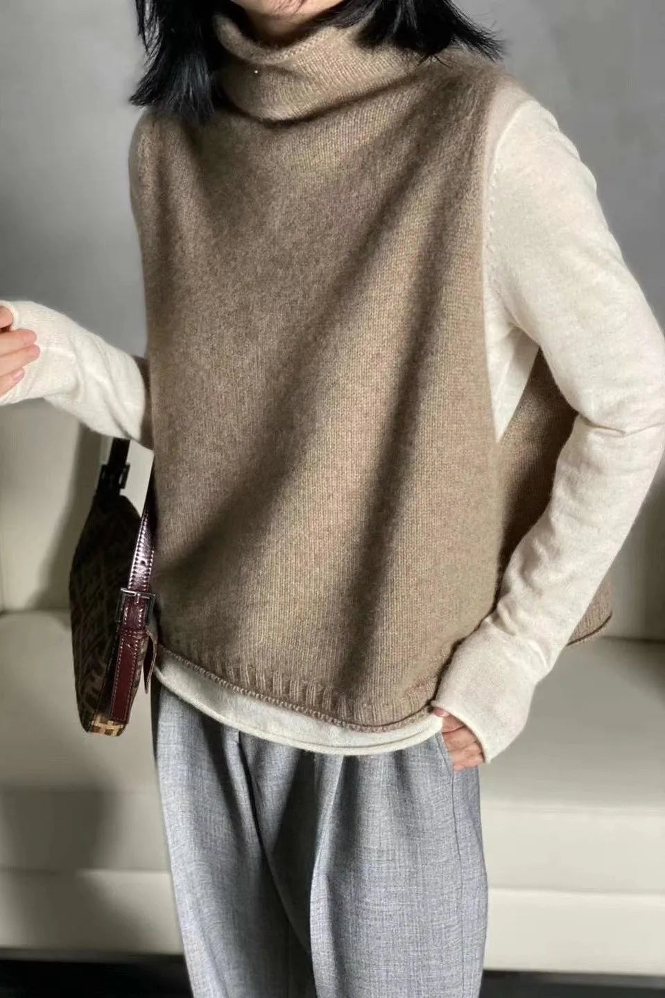 Cashmere Vest for Women, High Neck Pullover, Casual Knit Top, Sleeveless Jacket, Plus Size Waistcoat, Autumn and Winter