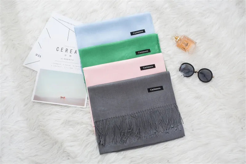 2023 New Women Scarf Thin Shawls Solid Color Women Scarf Winter Hijabs Tassels Long Cashmere Pashmina Hijabs Scarves Wraps