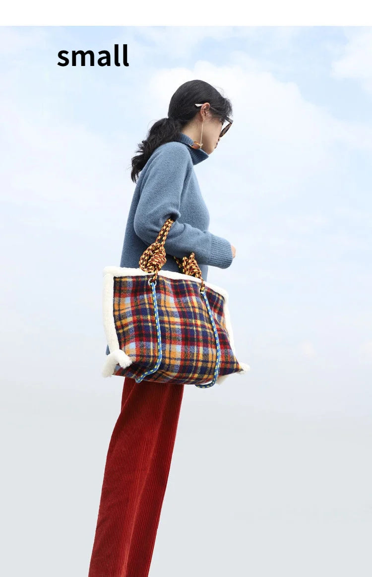 Women Bag Autumn Winter Designer Wool Vintage Plaid Casual Tote Bag Shoulder Bags Handbags Zipper SOFT High-Capacity Women Bag