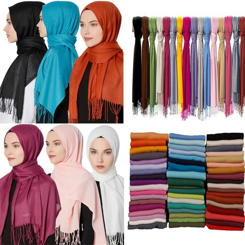2023 New Women Scarf Thin Shawls Solid Color Women Scarf Winter Hijabs Tassels Long Cashmere Pashmina Hijabs Scarves Wraps