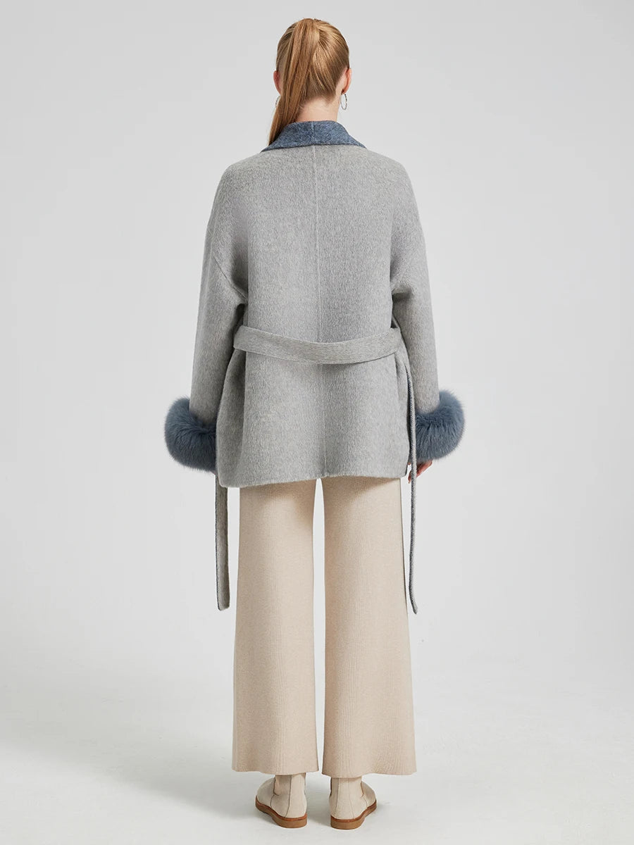 New Arrival QC25008 Fox Fur 100% Wool Cashmere Coat