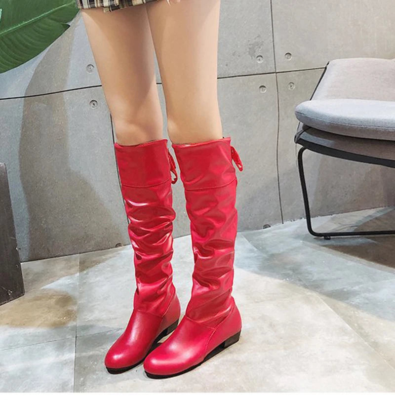 Shoes For Women 2022 Spring Knee High Boots Red Black White Tall Boots Woman Pleated Low Heel Casual Leather Female Long Shoes