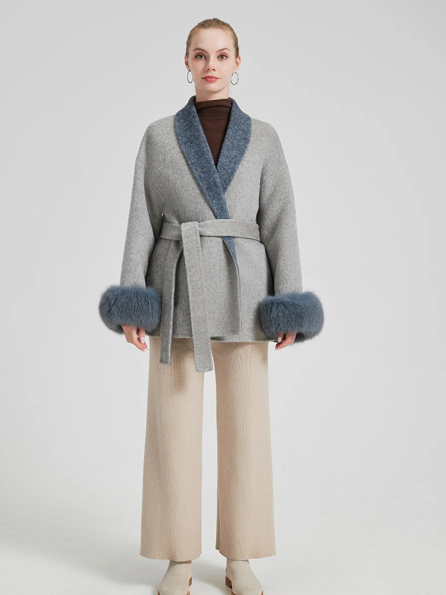 New Arrival QC25008 Fox Fur 100% Wool Cashmere Coat