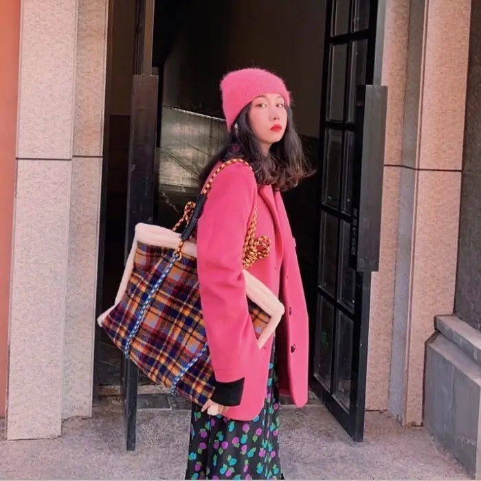 Women Bag Autumn Winter Designer Wool Vintage Plaid Casual Tote Bag Shoulder Bags Handbags Zipper SOFT High-Capacity Women Bag