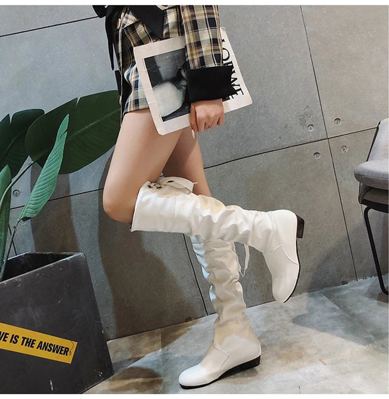 Shoes For Women 2022 Spring Knee High Boots Red Black White Tall Boots Woman Pleated Low Heel Casual Leather Female Long Shoes