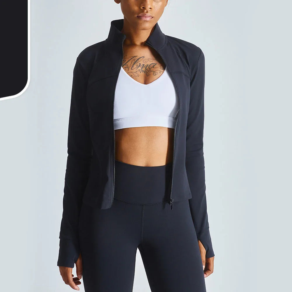 Running Women Jacket Sport Clothes Woman Gym Long Sleeve Workout Thumb Hole Crop Zip Top