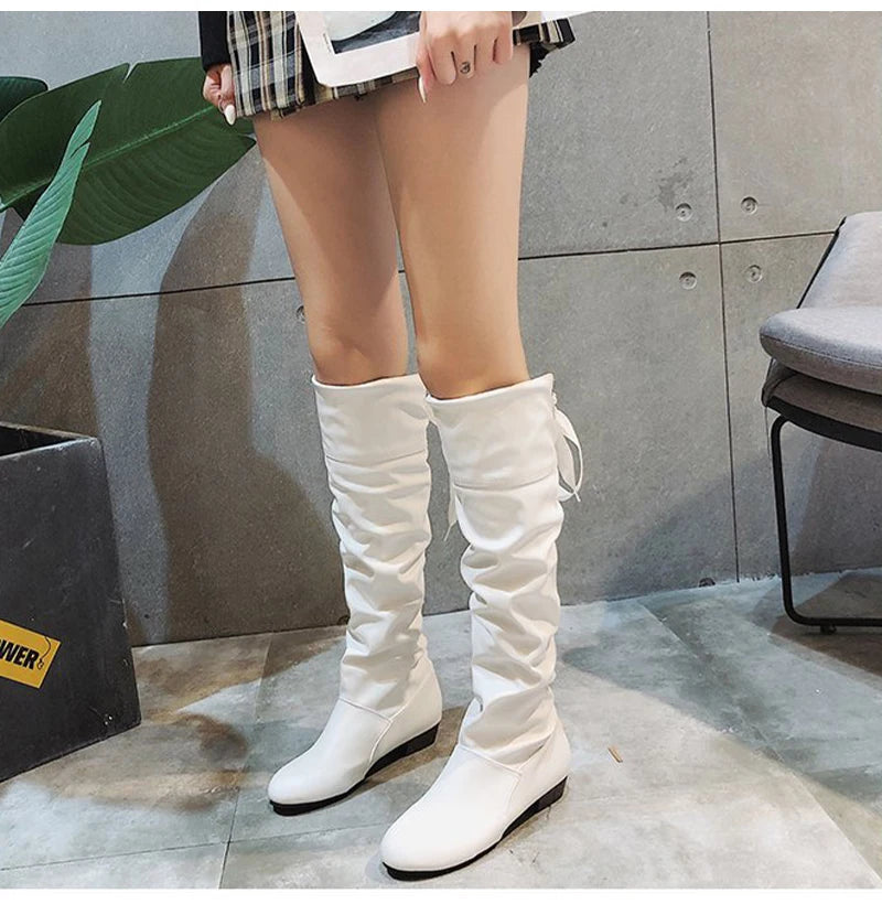 Shoes For Women 2022 Spring Knee High Boots Red Black White Tall Boots Woman Pleated Low Heel Casual Leather Female Long Shoes