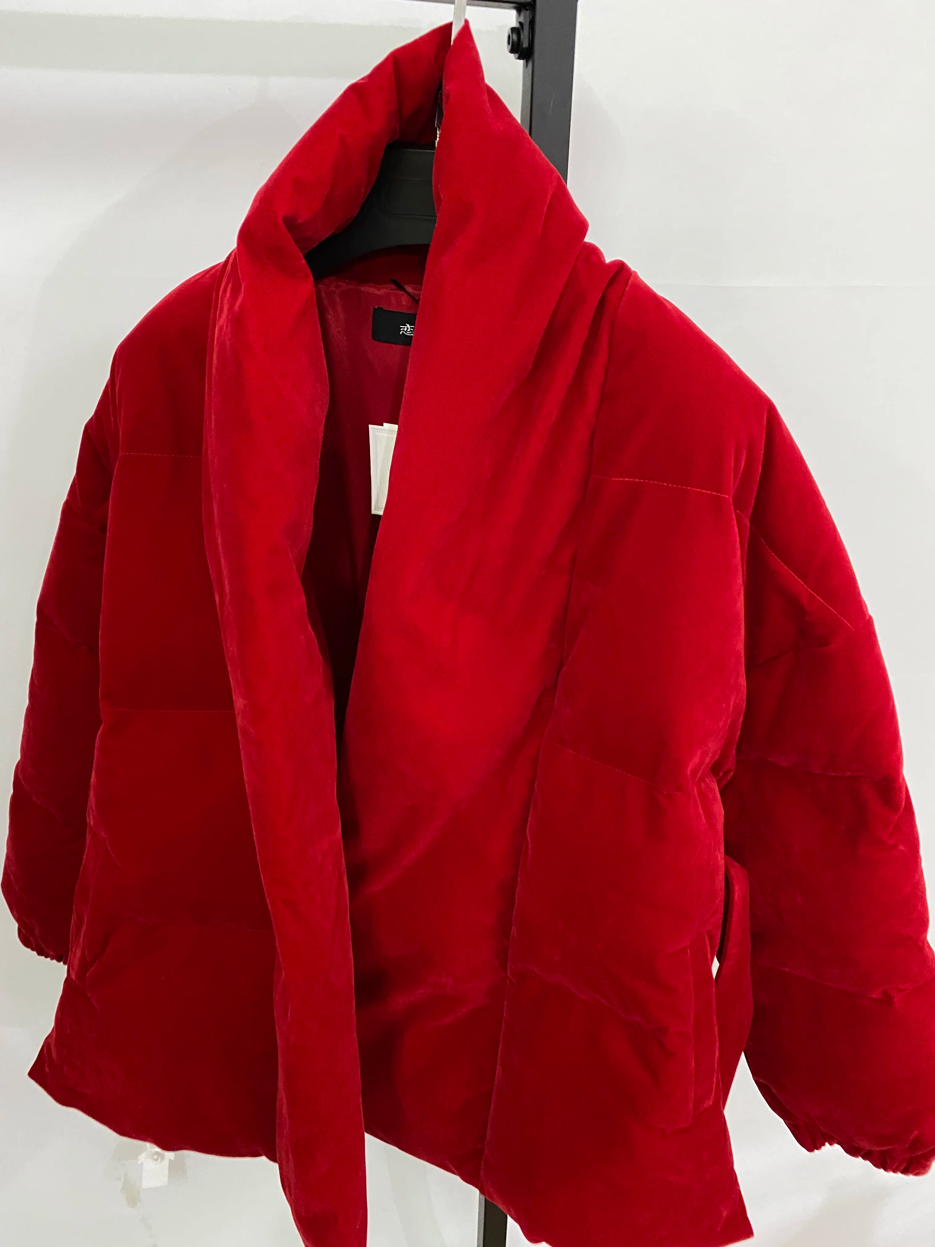 Women Winter Jacket V Neck Belted Warm Thick Cotton Padded Parkas Velvet Jacket Red Long Sleeve Short Casual Down Cotton Jacket