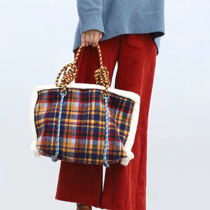 Women Bag Autumn Winter Designer Wool Vintage Plaid Casual Tote Bag Shoulder Bags Handbags Zipper SOFT High-Capacity Women Bag