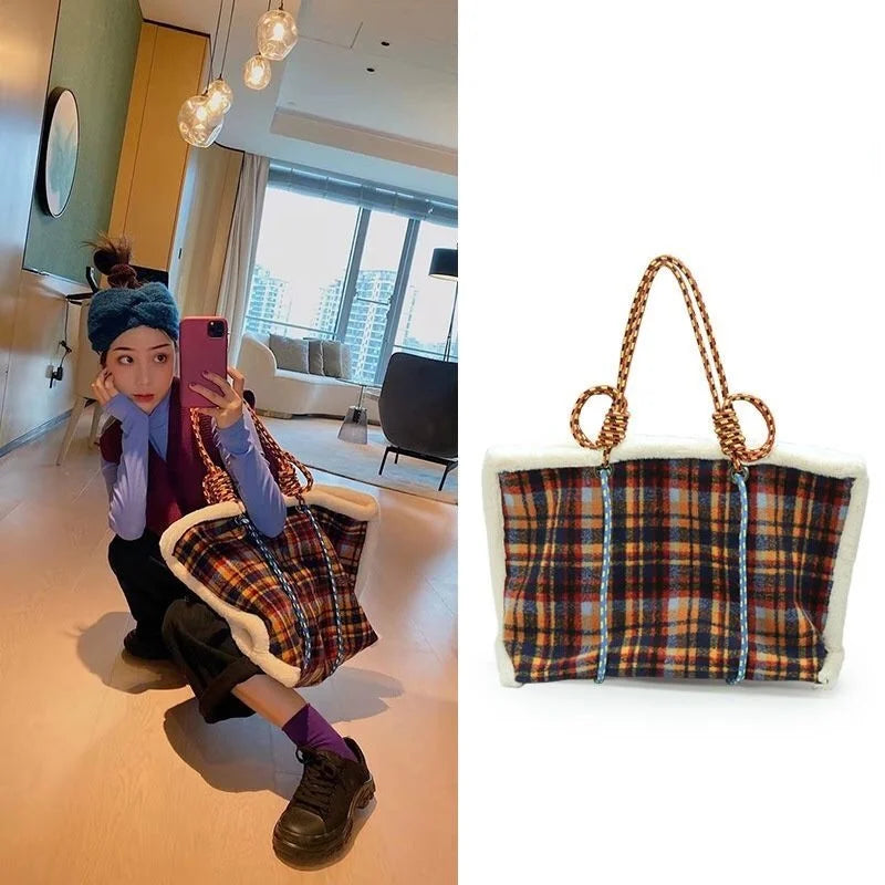 Women Bag Autumn Winter Designer Wool Vintage Plaid Casual Tote Bag Shoulder Bags Handbags Zipper SOFT High-Capacity Women Bag