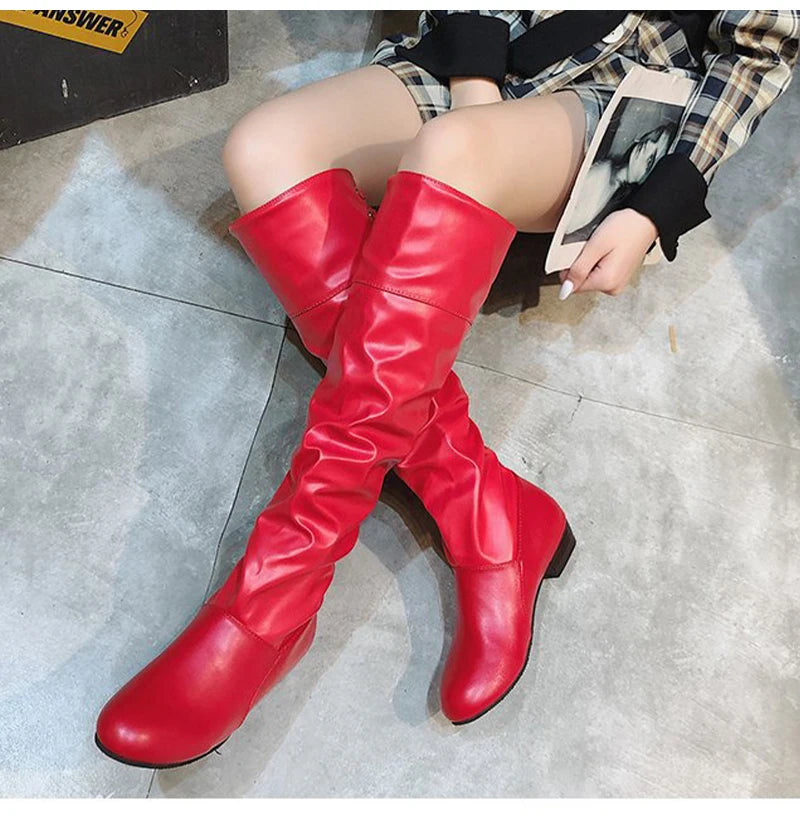 Shoes For Women 2022 Spring Knee High Boots Red Black White Tall Boots Woman Pleated Low Heel Casual Leather Female Long Shoes