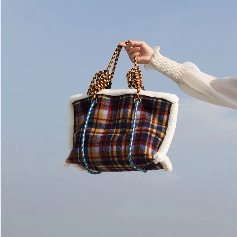 Women Bag Autumn Winter Designer Wool Vintage Plaid Casual Tote Bag Shoulder Bags Handbags Zipper SOFT High-Capacity Women Bag