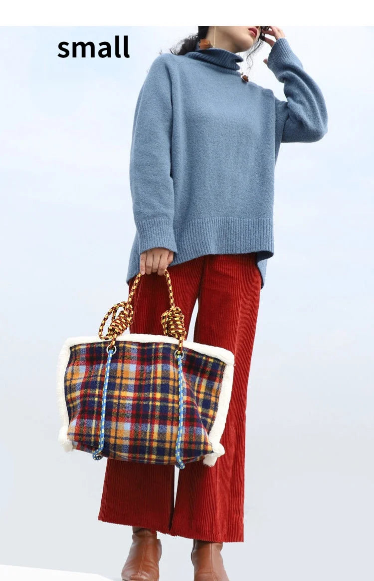 Women Bag Autumn Winter Designer Wool Vintage Plaid Casual Tote Bag Shoulder Bags Handbags Zipper SOFT High-Capacity Women Bag