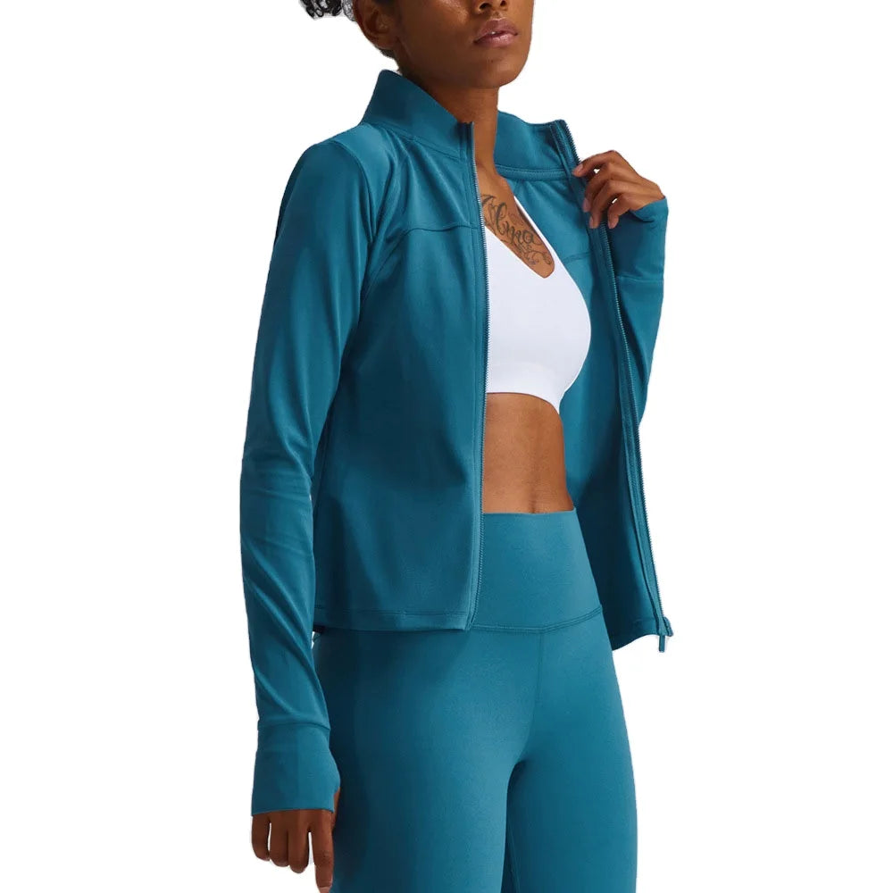 Running Women Jacket Sport Clothes Woman Gym Long Sleeve Workout Thumb Hole Crop Zip Top