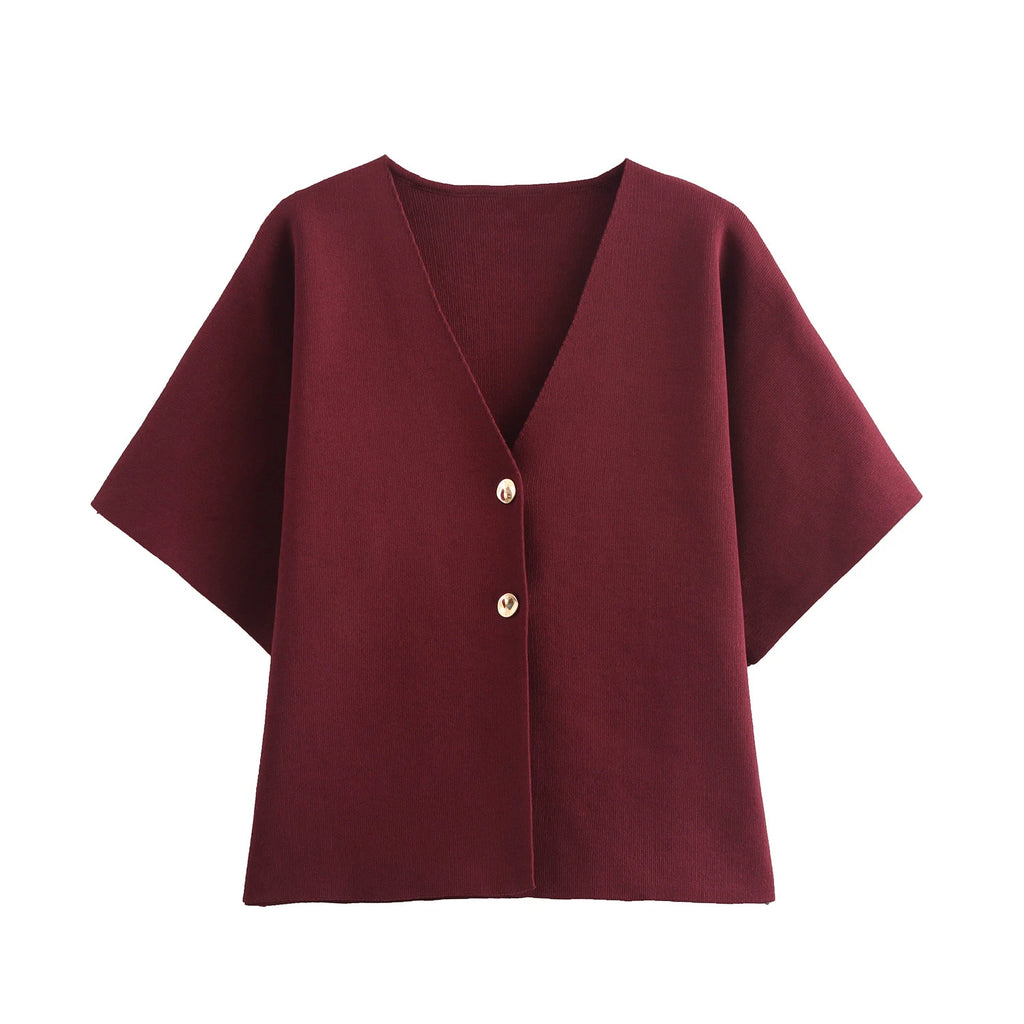 KAR&OT ZA 2024 Autumn New Arrivals Women's All-match Plain Short-sleeved V-neck Sports Knitted Cardigan Jacket 4192101