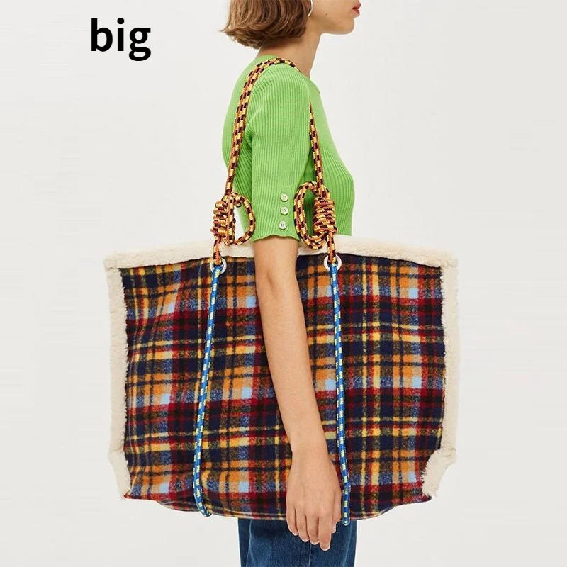 Women Bag Autumn Winter Designer Wool Vintage Plaid Casual Tote Bag Shoulder Bags Handbags Zipper SOFT High-Capacity Women Bag