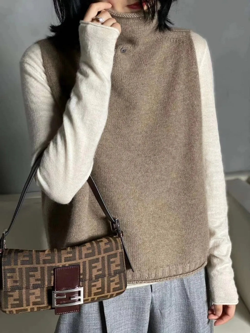 Cashmere Vest for Women, High Neck Pullover, Casual Knit Top, Sleeveless Jacket, Plus Size Waistcoat, Autumn and Winter