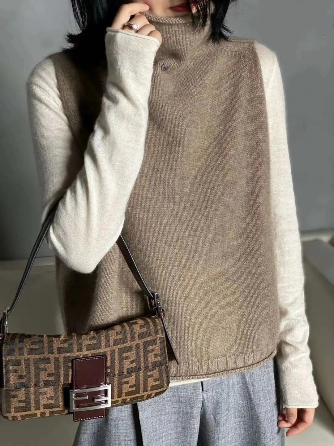 Cashmere Vest for Women, High Neck Pullover, Casual Knit Top, Sleeveless Jacket, Plus Size Waistcoat, Autumn and Winter