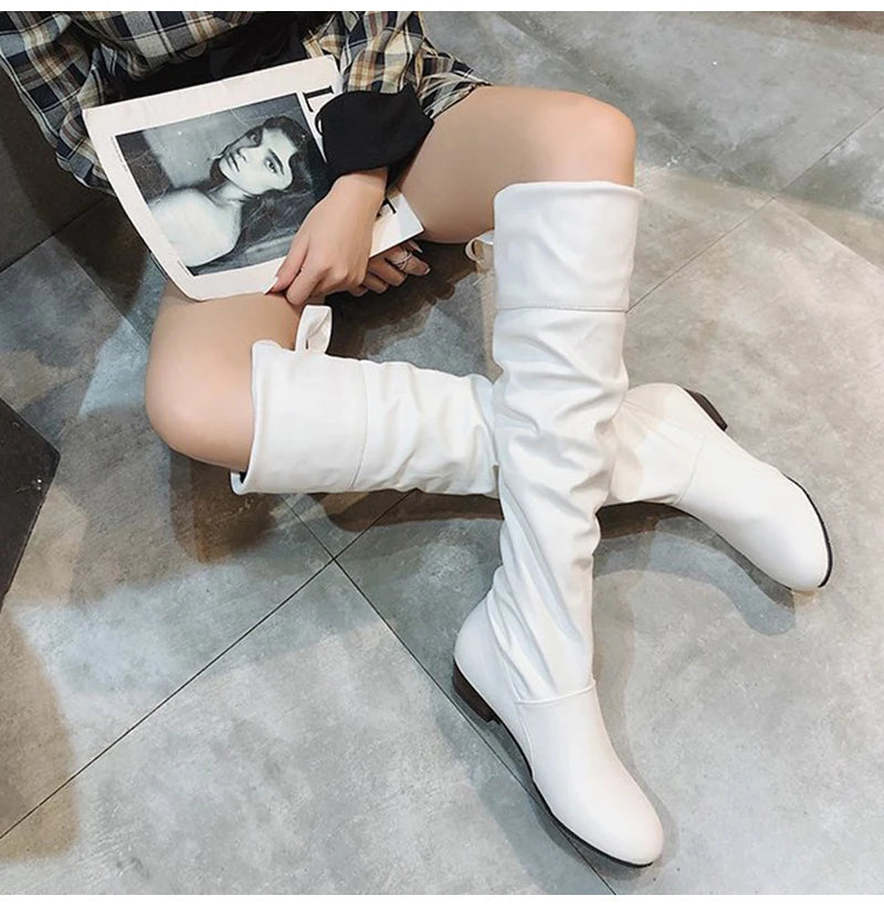 Shoes For Women 2022 Spring Knee High Boots Red Black White Tall Boots Woman Pleated Low Heel Casual Leather Female Long Shoes