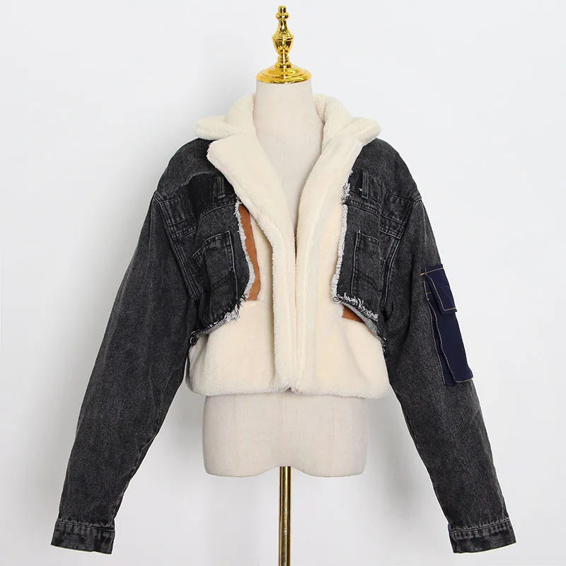 Warm Coats velvet thick denim stitching lamb hair lapel cotton Coat Jean women jacket  top lamb wool coat