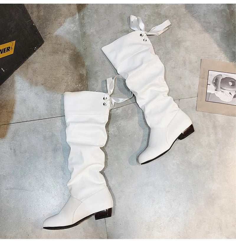 Shoes For Women 2022 Spring Knee High Boots Red Black White Tall Boots Woman Pleated Low Heel Casual Leather Female Long Shoes