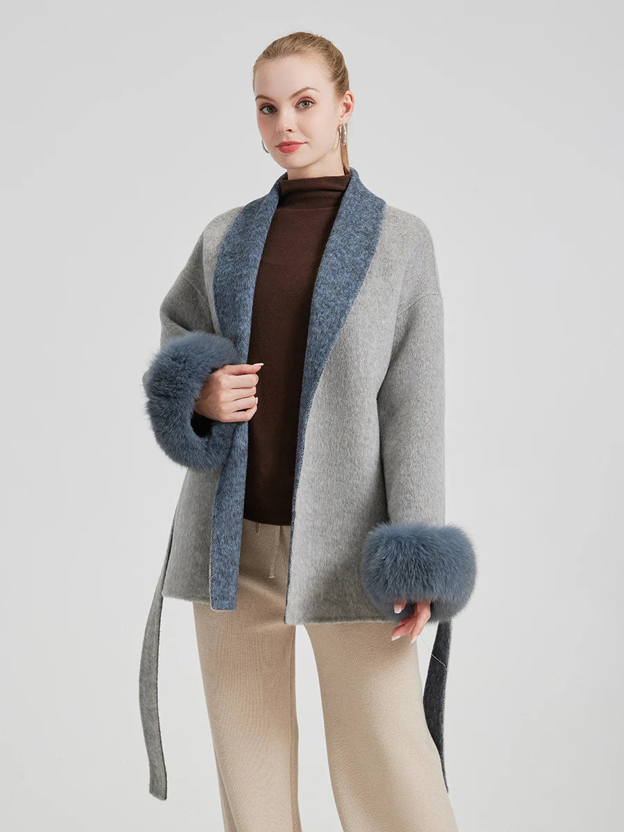 New Arrival QC25008 Fox Fur 100% Wool Cashmere Coat
