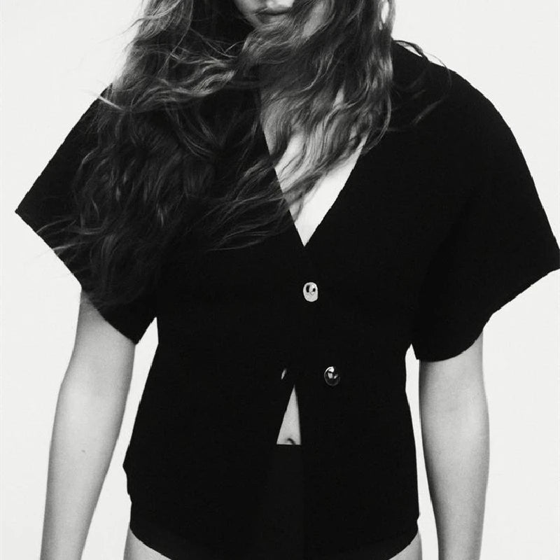 KAR&OT ZA 2024 Autumn New Arrivals Women's All-match Plain Short-sleeved V-neck Sports Knitted Cardigan Jacket 4192101