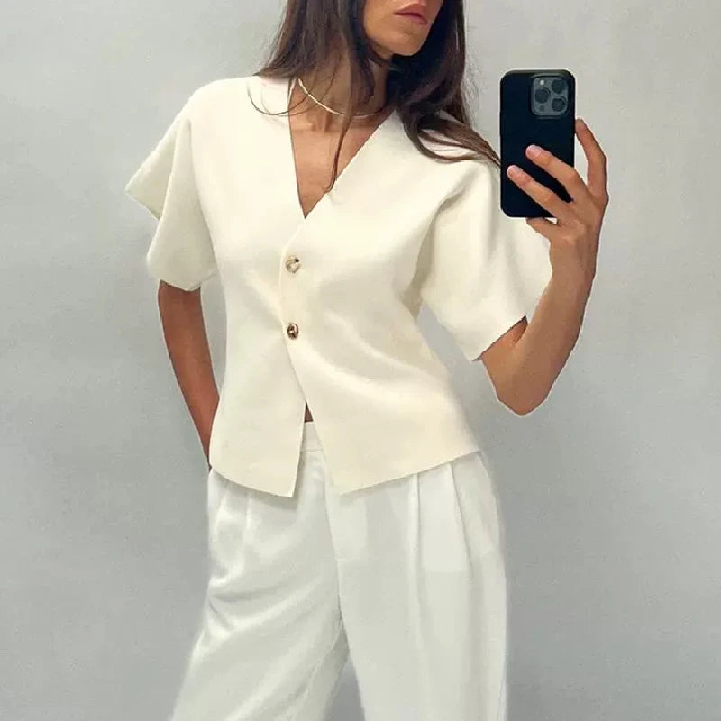 KAR&OT ZA 2024 Autumn New Arrivals Women's All-match Plain Short-sleeved V-neck Sports Knitted Cardigan Jacket 4192101