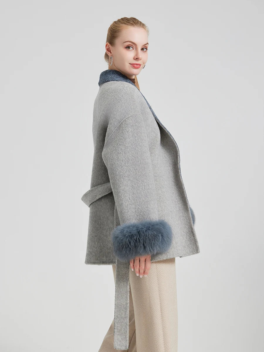 New Arrival QC25008 Fox Fur 100% Wool Cashmere Coat