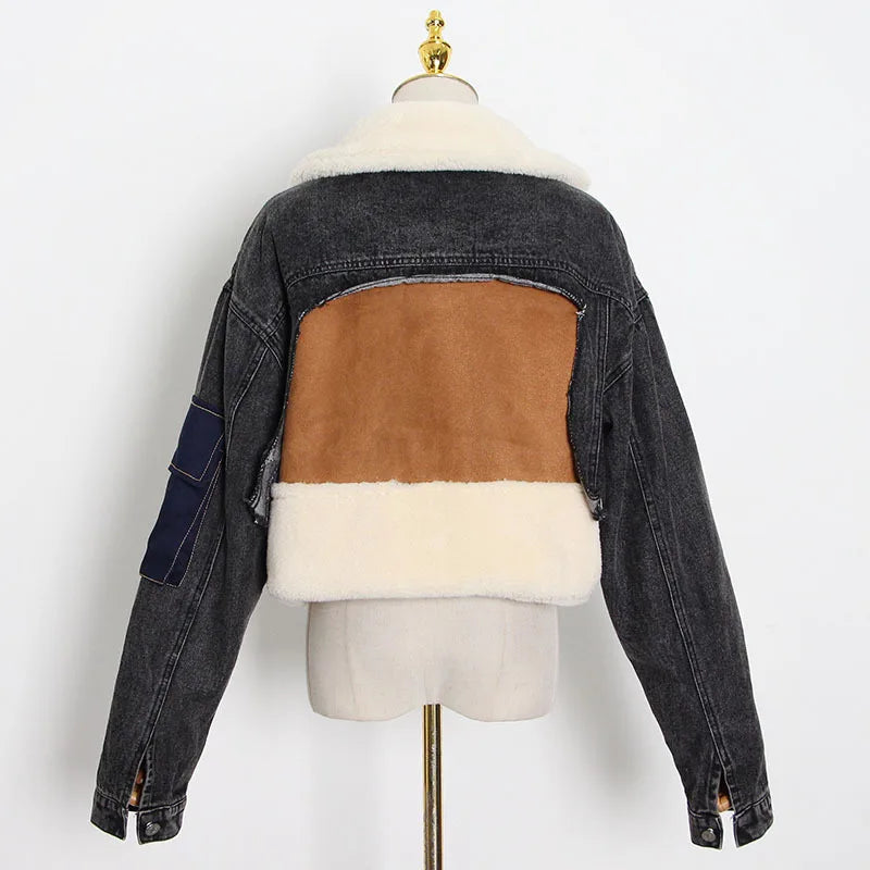 Warm Coats velvet thick denim stitching lamb hair lapel cotton Coat Jean women jacket  top lamb wool coat