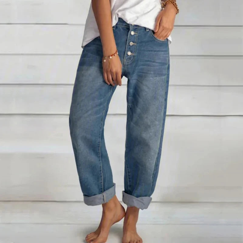 Women's Jeans Fashion Retro High Waist Wide Leg Loose Straight Pants Large Size Simple and Thin Workwear Boyfriend Jeans