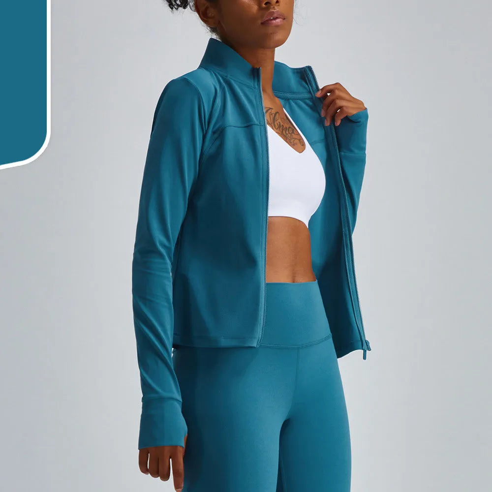 Running Women Jacket Sport Clothes Woman Gym Long Sleeve Workout Thumb Hole Crop Zip Top