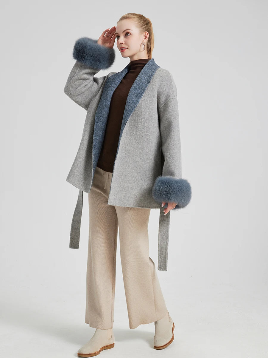 New Arrival QC25008 Fox Fur 100% Wool Cashmere Coat