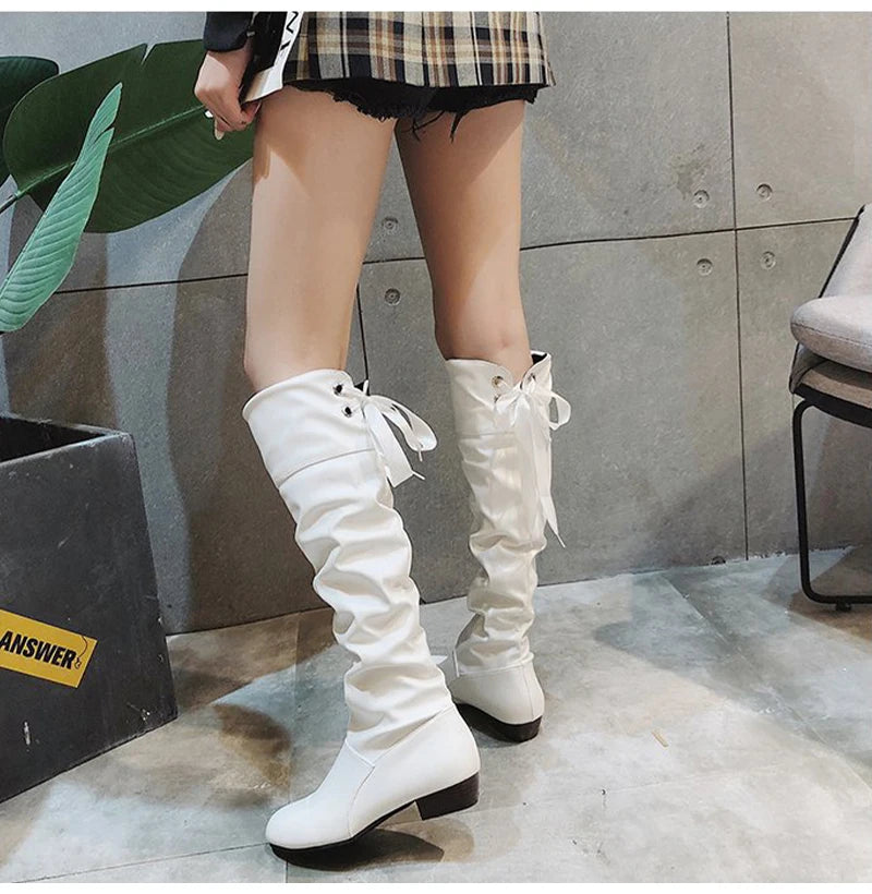 Shoes For Women 2022 Spring Knee High Boots Red Black White Tall Boots Woman Pleated Low Heel Casual Leather Female Long Shoes