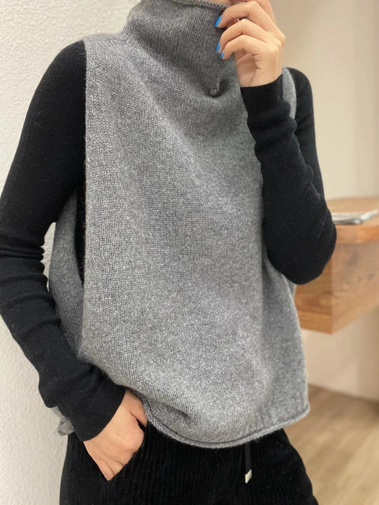 Cashmere Vest for Women, High Neck Pullover, Casual Knit Top, Sleeveless Jacket, Plus Size Waistcoat, Autumn and Winter