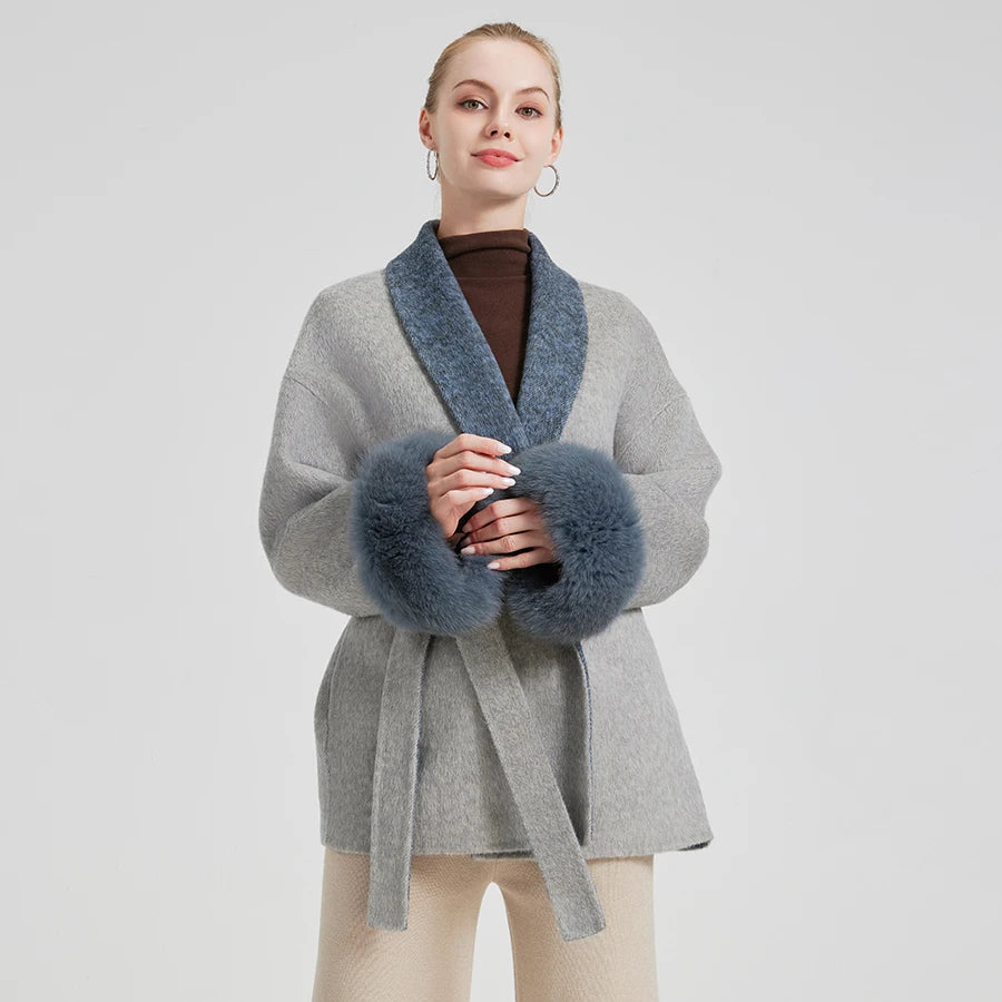 New Arrival QC25008 Fox Fur 100% Wool Cashmere Coat