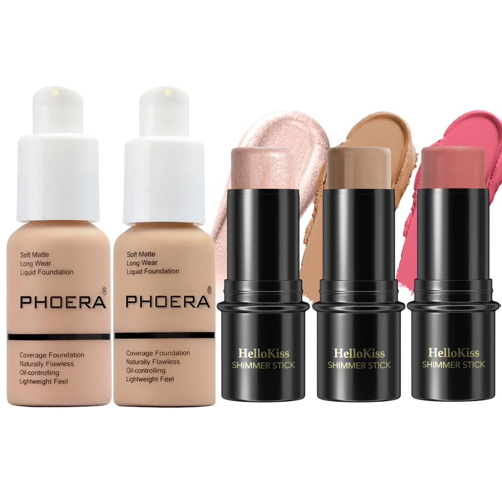 PHOERA Foundation3 PCS Contour Stick Makeup KitShades with Highlighter StickBlush Stick and Bronzer ContourPHOERA Makeup (103+104+Fair-Light Contour/Warm peach+Buff Beige+#03#09#12)