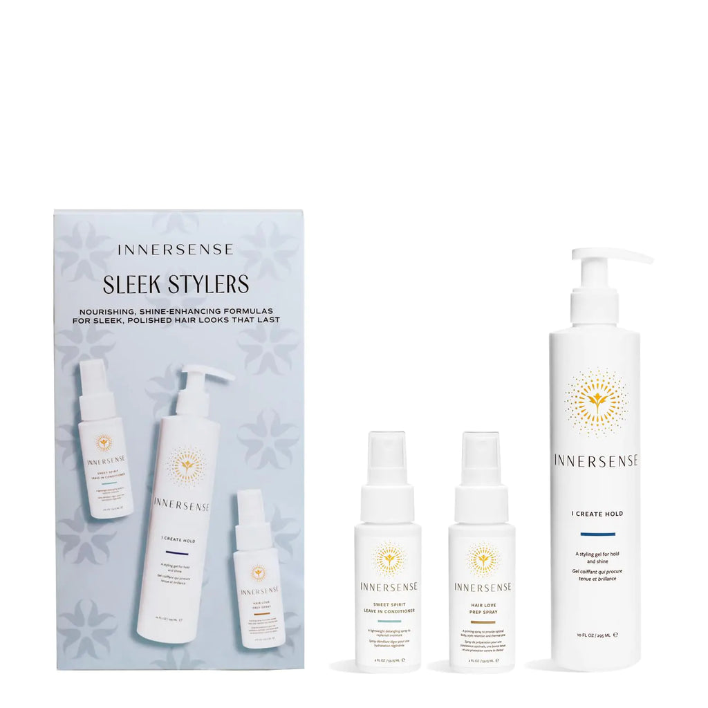 INNERSENSE Organic Beauty - Sleek Stylers Holiday Set | I Create Hold Sweet Spirit Leave-In Conditioner Hair Love Prep Spray | Non-Toxic Cruelty-Free Clean Haircare (3 piece set)