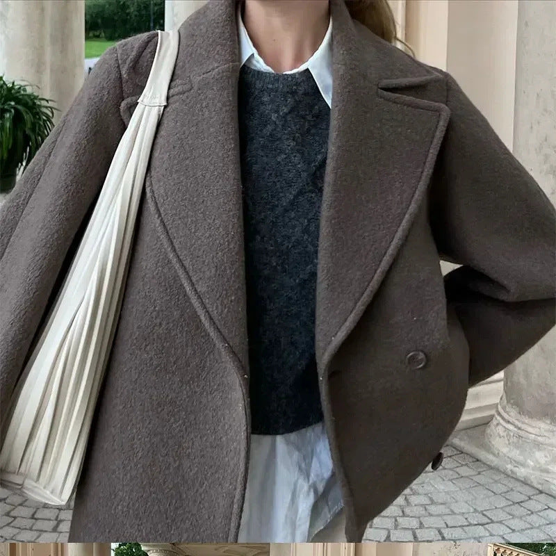 Women's Double Breasted Wool Coat Autumn Winter Fashion Lapel Long Sleeves Short Blazer Jacket Elegant Solid Warm Loose Outwear