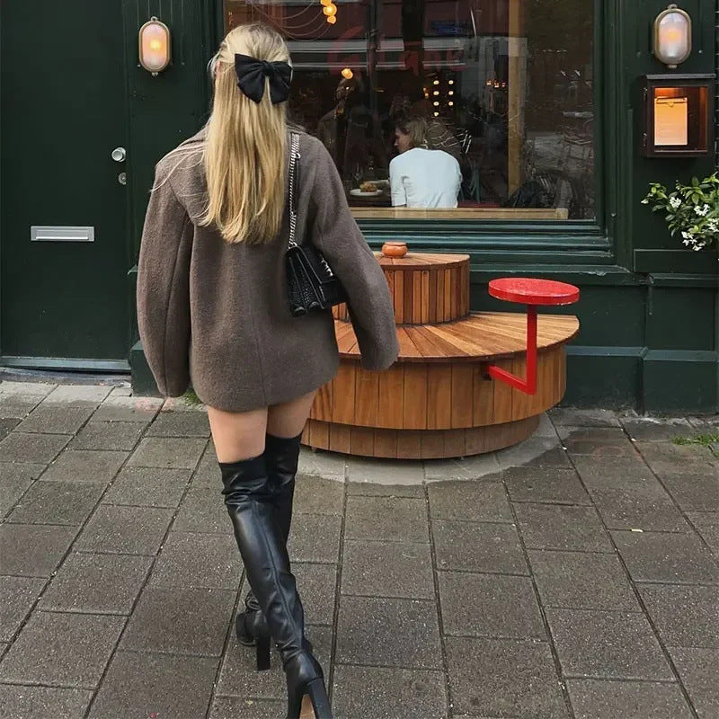 Women's Double Breasted Wool Coat Autumn Winter Fashion Lapel Long Sleeves Short Blazer Jacket Elegant Solid Warm Loose Outwear