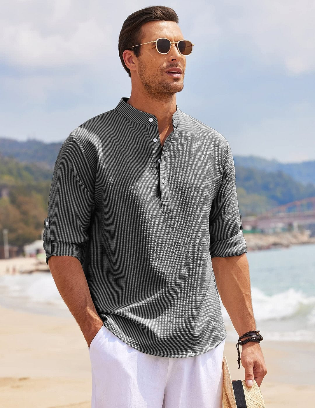 Men's T shirt Men's Long-Sleeved Shirts Spring Autumn Solid Color Stand-Up Collar Casual Beach Style high quality Men's Shirts